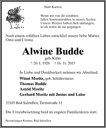 Anzeige  Alwine Budde  Lippische Landes-Zeitung