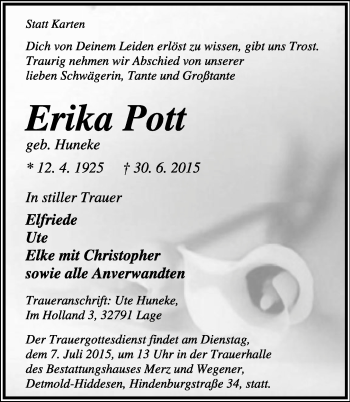 Anzeige  Erika Pott  Lippische Landes-Zeitung