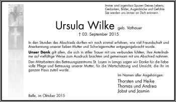 Anzeige  Ursula Wilke  Lippische Landes-Zeitung