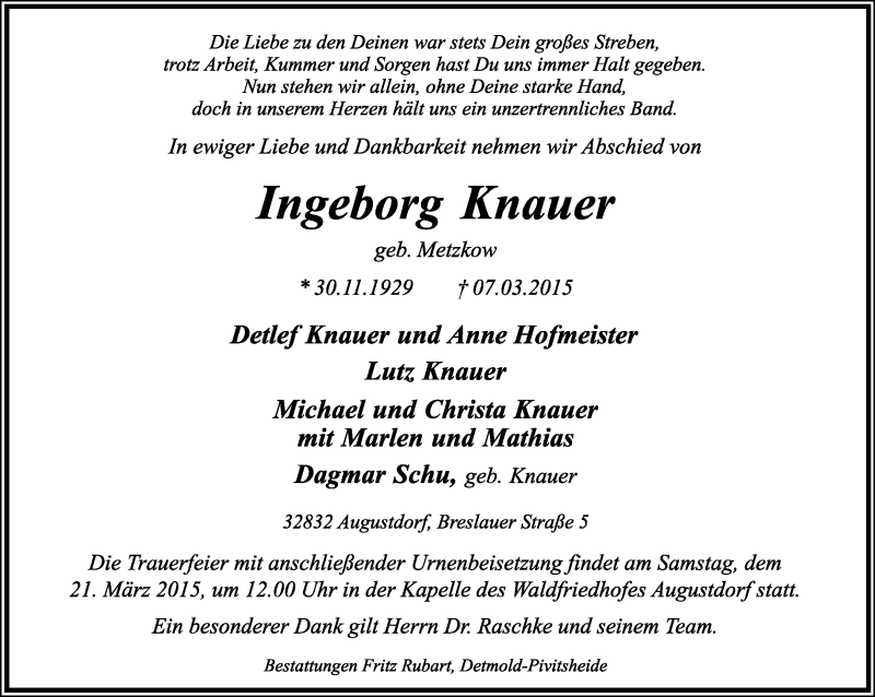  Traueranzeige für Ingeborg Knauer vom 14.03.2015 aus Lippische Landes-Zeitung