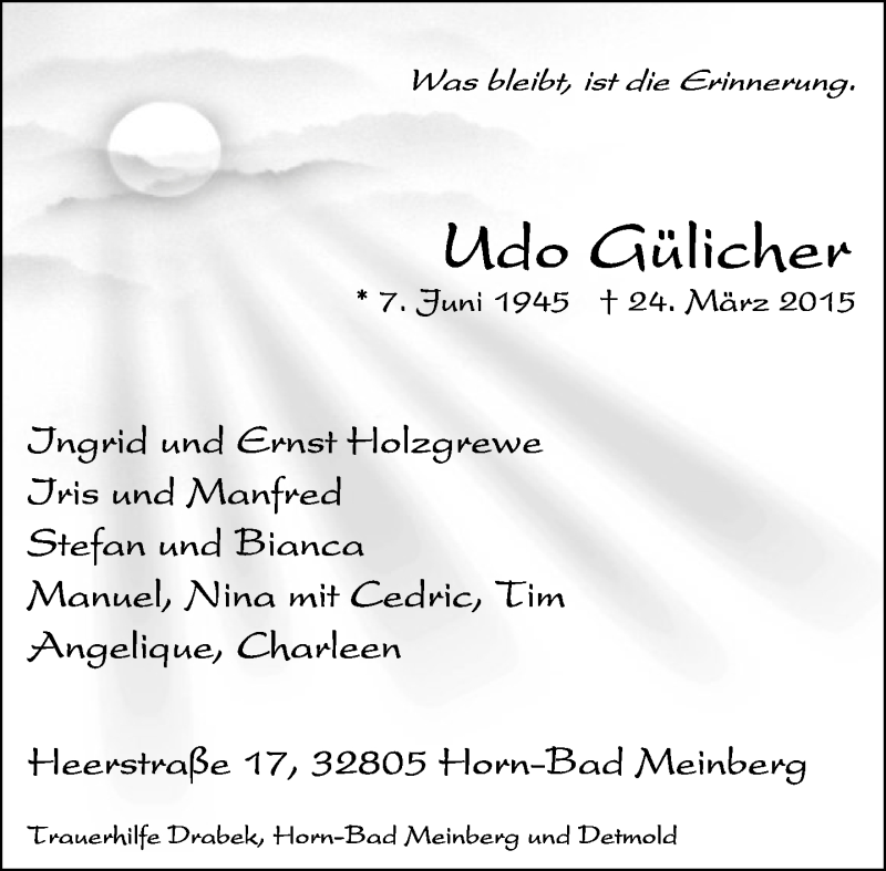  Traueranzeige für Udo Gülicher vom 01.04.2015 aus Lippische Landes-Zeitung