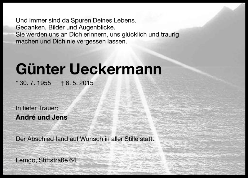  Traueranzeige für Günter Ueckermann vom 16.05.2015 aus Lippische Landes-Zeitung