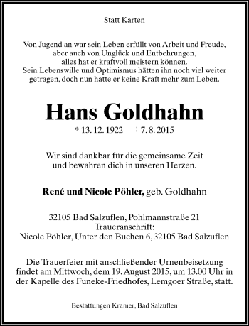 Anzeige  Hans Goldhahn  Lippische Landes-Zeitung