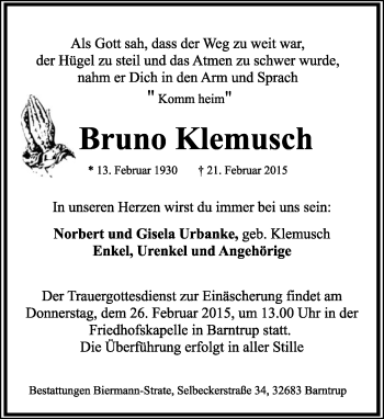 Anzeige  Bruno Klemusch  Lippische Landes-Zeitung