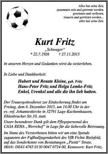 Anzeige  Kurt Fritz  Lippische Landes-Zeitung
