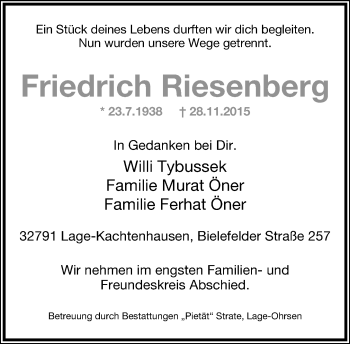 Anzeige  Friedrich Riesenberg  Lippische Landes-Zeitung