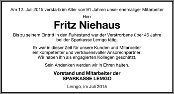 Anzeige  Fritz Niehaus  Lippische Landes-Zeitung