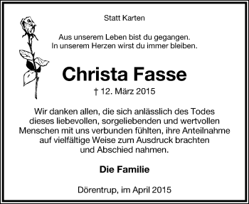 Anzeige  Christa Fasse  Lippische Landes-Zeitung