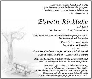 Anzeige  Elsbeth Rinklake  Lippische Landes-Zeitung