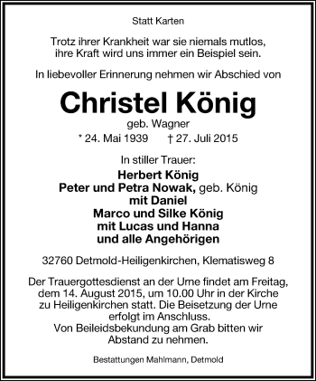 Anzeige  Christel König  Lippische Landes-Zeitung