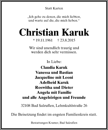 Anzeige  Christian Karuk  Lippische Landes-Zeitung