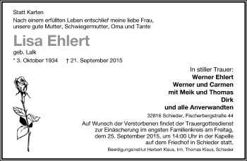 Anzeige  Lisa Ehlert  Lippische Landes-Zeitung