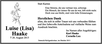 Anzeige  Luise Haake  Lippische Landes-Zeitung