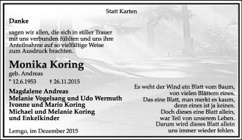 Anzeige  Monika Koring  Lippische Landes-Zeitung