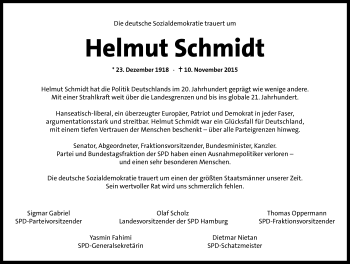 Anzeige  Helmut Schmidt  Lippische Landes-Zeitung