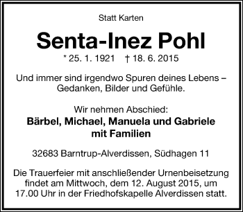 Anzeige  Senta-Inez Pohl  Lippische Landes-Zeitung