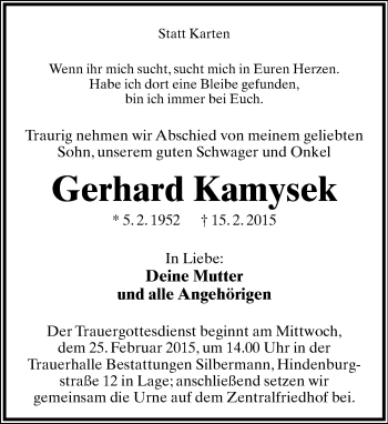 Anzeige  Gerhard Kamysek  Lippische Landes-Zeitung