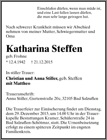 Anzeige  Katharina Steffen  Lippische Landes-Zeitung
