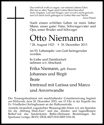 Anzeige  Otto Niemann  Lippische Landes-Zeitung