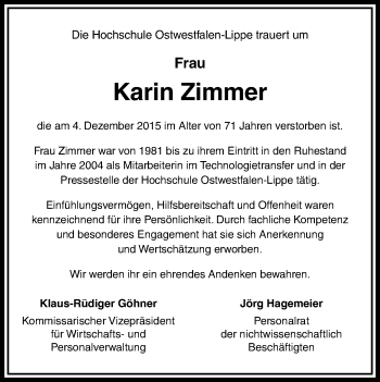 Anzeige  Karin Zimmer  Lippische Landes-Zeitung