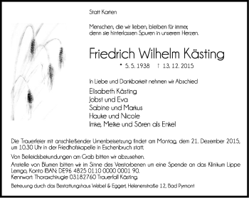 Anzeige  Friedrich Wilhelm Kästing  Lippische Landes-Zeitung