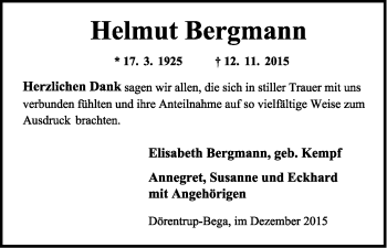 Anzeige  Helmut Bergmann  Lippische Landes-Zeitung