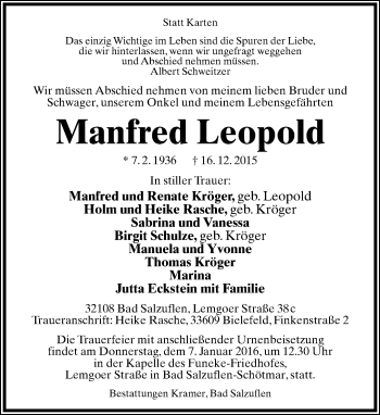 Anzeige  Manfred Leopold  Lippische Landes-Zeitung