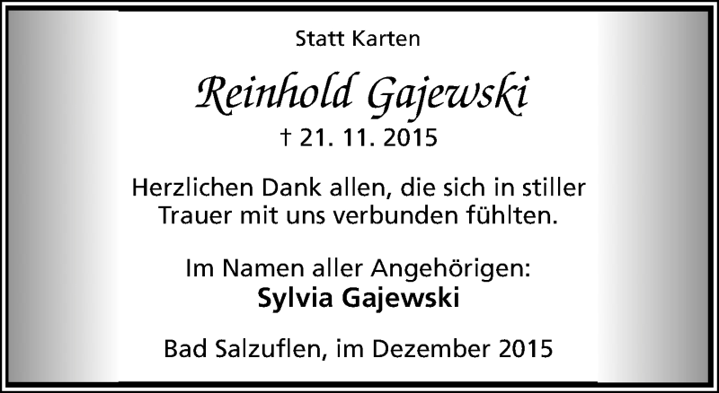 Traueranzeige für Reinhold Gajewski vom 19.12.2015 aus Lippische Landes-Zeitung