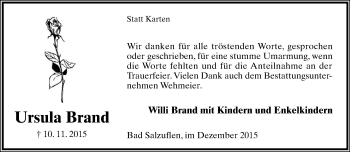 Anzeige  Ursula Brand  Lippische Landes-Zeitung