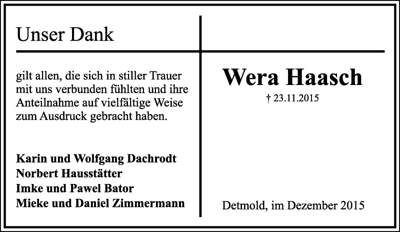  Traueranzeige für Wera Haasch vom 19.12.2015 aus Lippische Landes-Zeitung