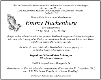 Anzeige  Emmy Hachenberg  Lippische Landes-Zeitung