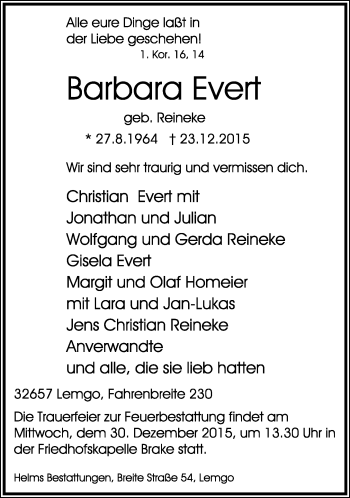 Anzeige  Barbara Evert  Lippische Landes-Zeitung