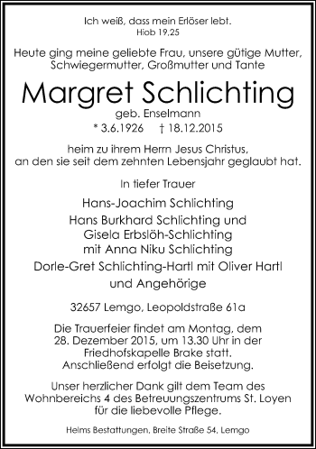 Anzeige  Margret Schlichting  Lippische Landes-Zeitung
