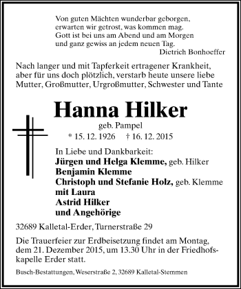 Anzeige  Hanna Hilker  Lippische Landes-Zeitung