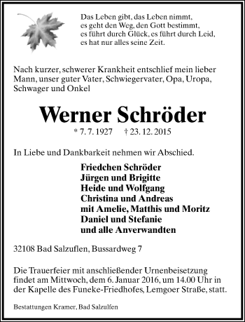 Anzeige  Werner Schröder  Lippische Landes-Zeitung