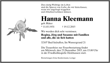 Anzeige  Hanna Kleemann  Lippische Landes-Zeitung