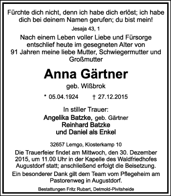 Anzeige  Anna Gärtner  Lippische Landes-Zeitung