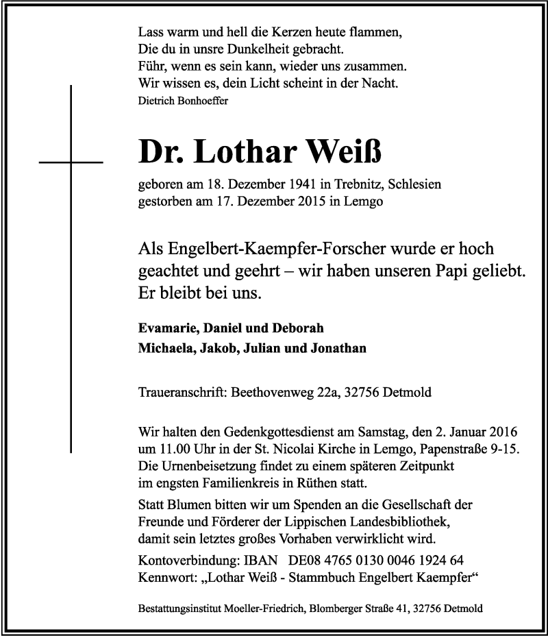  Traueranzeige für Lothar Weiß vom 24.12.2015 aus Lippische Landes-Zeitung