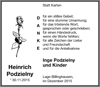 Anzeige  Heinrich Podzielny  Lippische Landes-Zeitung