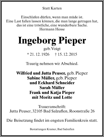 Anzeige  Ingeborg Pieper  Lippische Landes-Zeitung