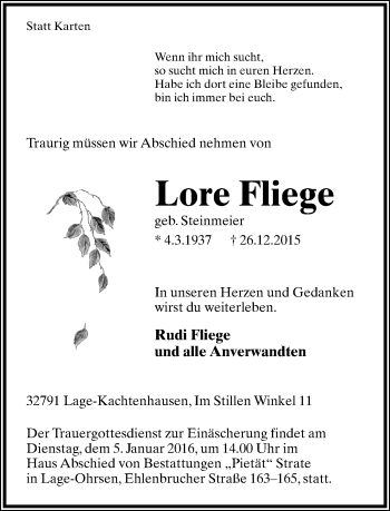 Anzeige  Lore Fliege  Lippische Landes-Zeitung