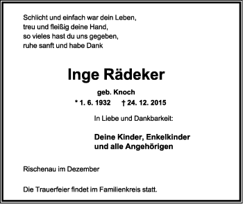 Anzeige  Inge Rädeker  Lippische Landes-Zeitung