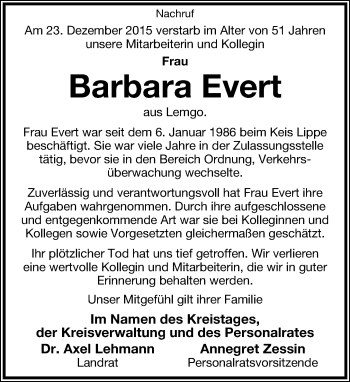 Anzeige  Barbara Evert  Lippische Landes-Zeitung