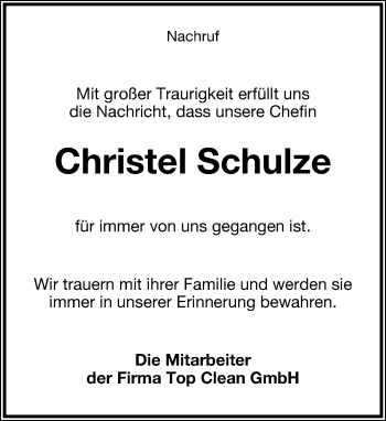 Anzeige  Christel Schulze  Lippische Landes-Zeitung