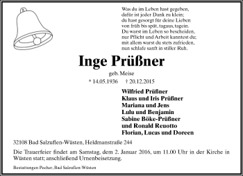 Anzeige  Inge Prüßner  Lippische Landes-Zeitung