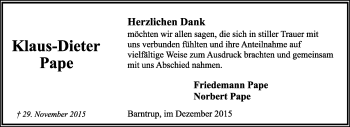 Anzeige  Klaus-Dieter Pape  Lippische Landes-Zeitung