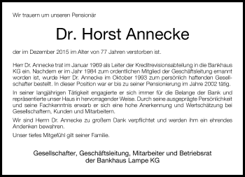 Anzeige  Horst Annecke  Lippische Landes-Zeitung