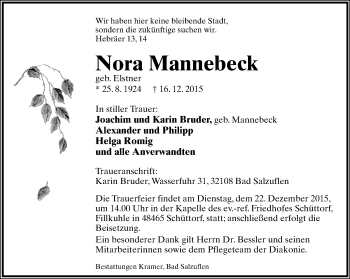 Anzeige  Nora Mannebeck  Lippische Landes-Zeitung