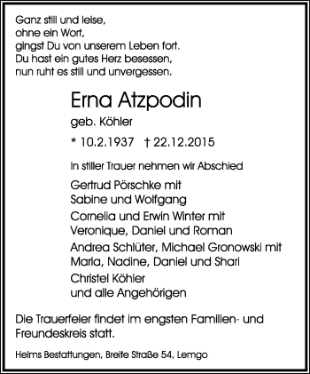 Anzeige  Erna Atzpodin  Lippische Landes-Zeitung