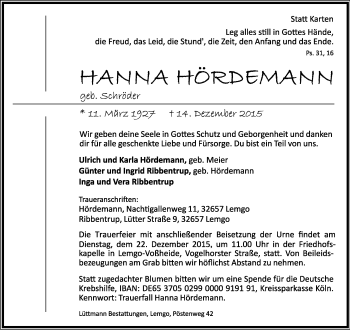 Anzeige  Hanna Hördemann  Lippische Landes-Zeitung
